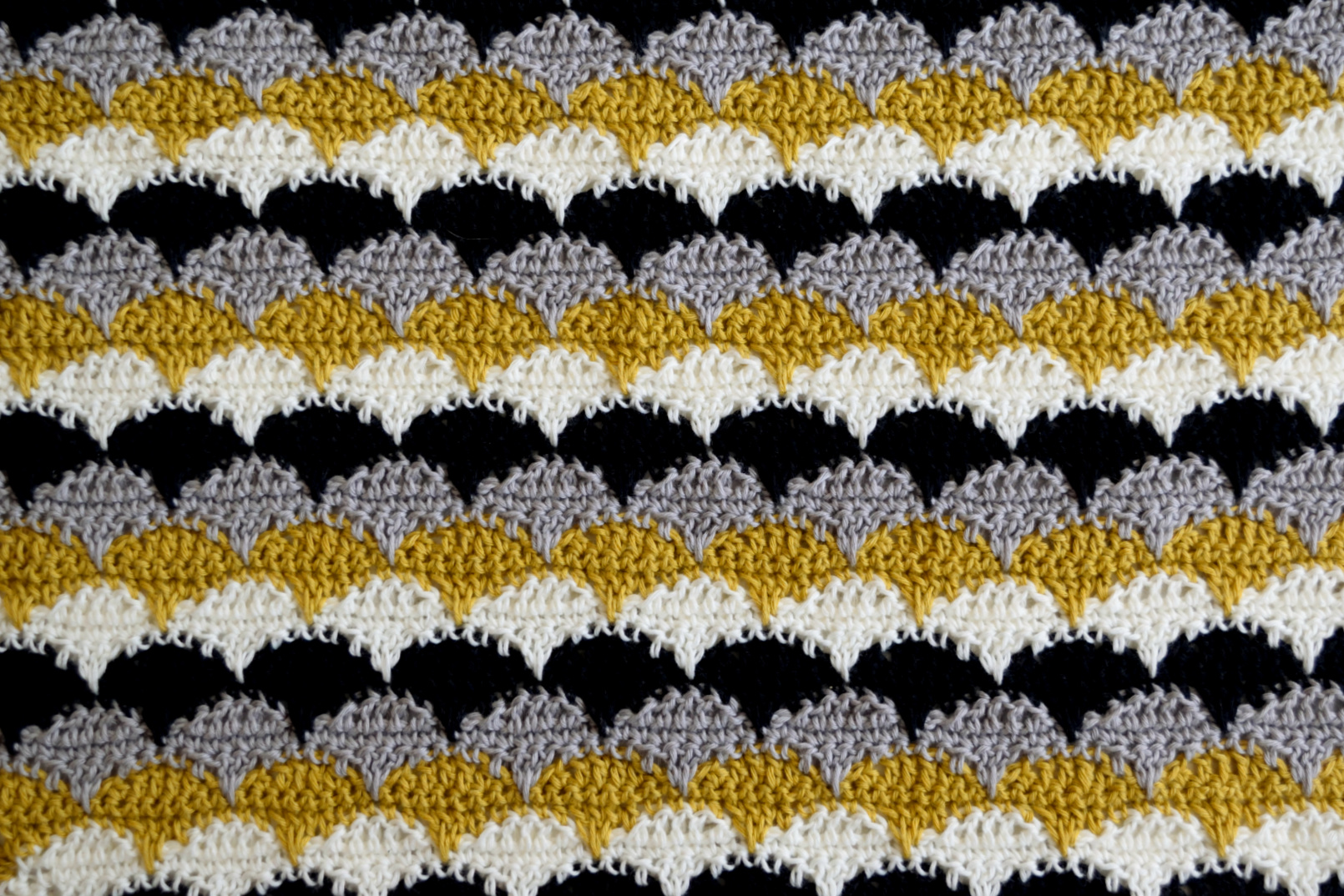 Clamshell crochet stitch swatch with scalloped stripes in mustard, gray, black and cream