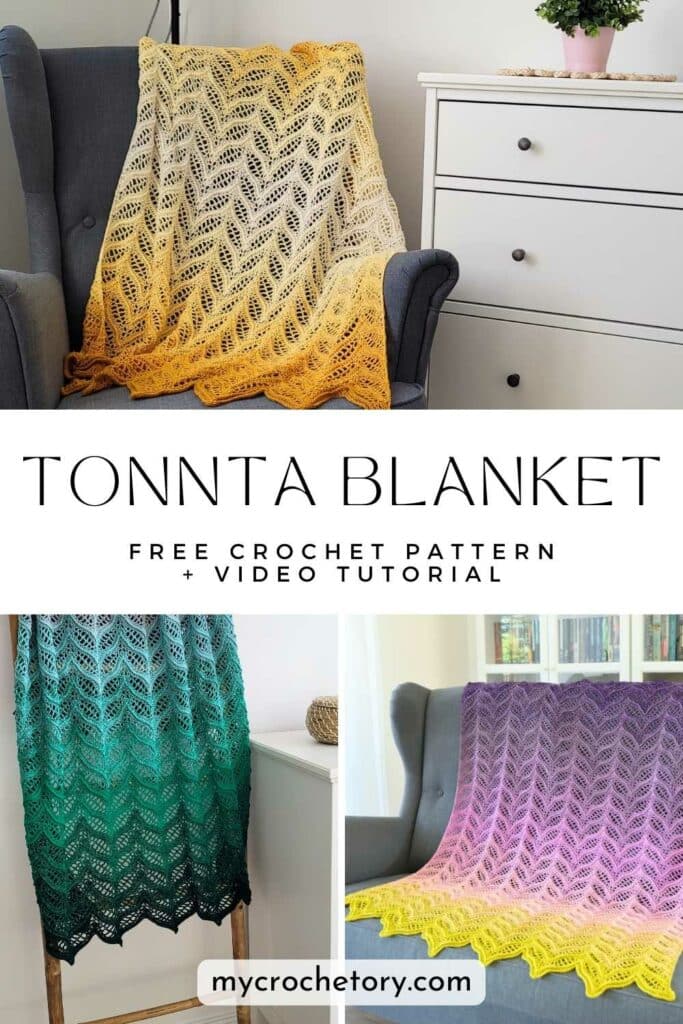 yellow crochet wave blanket with lace ripple pattern draped over armchair free pattern