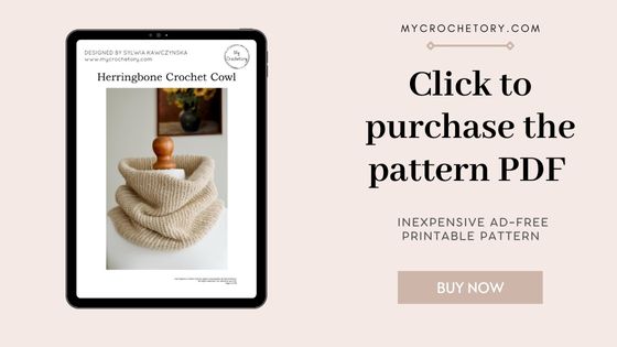 Printable herringbone crochet cowl pattern PDF available on Etsy and Ravelry, ad-free modern neck warmer pattern download