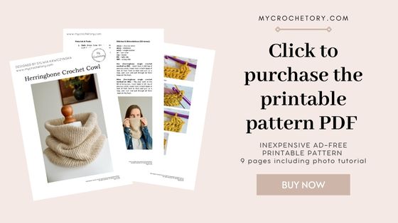 Ad banner for printable herringbone crochet cowl pattern PDF, ad-free version available on Etsy and Ravelry