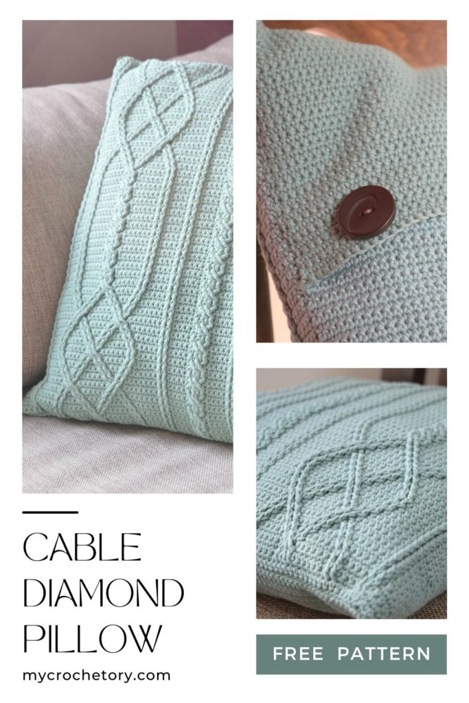 Finished crochet pillow cover with intricate cable design