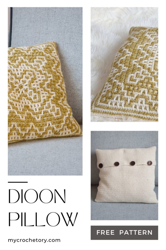 Colorful Dioon Pillow showcasing the mesmerizing mosaic crochet pattern