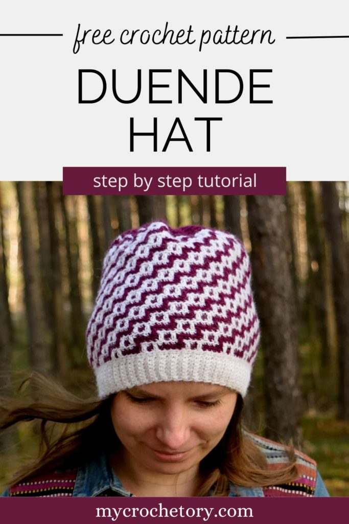 Finished Duende Hat, a beautiful free crochet hat pattern.