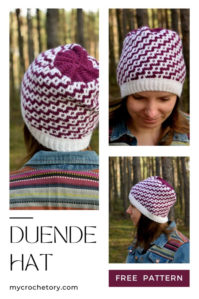 Finished Duende Hat, a beautiful free crochet hat pattern.