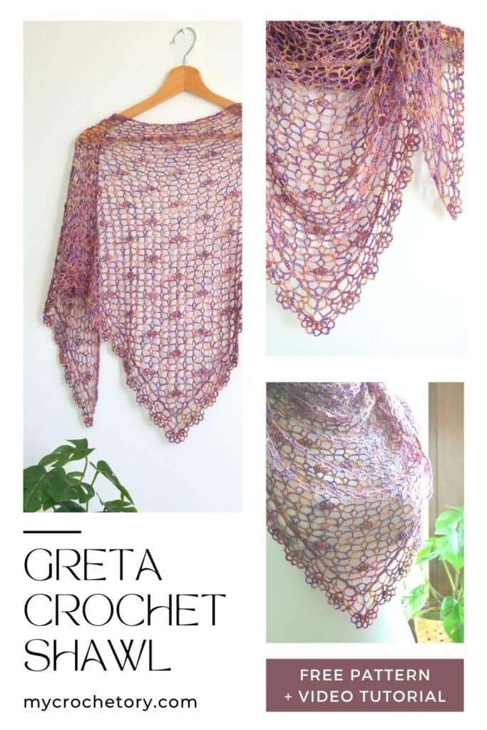 Greta lacy crochet shawl pattern displayed hanging and worn on a mannequin with detailed close-ups of the elegant lacework.