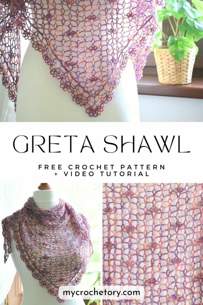 Close-up and mannequin view of the Greta lacy crochet shawl pattern, showing its open stitch texture and triangular drape.