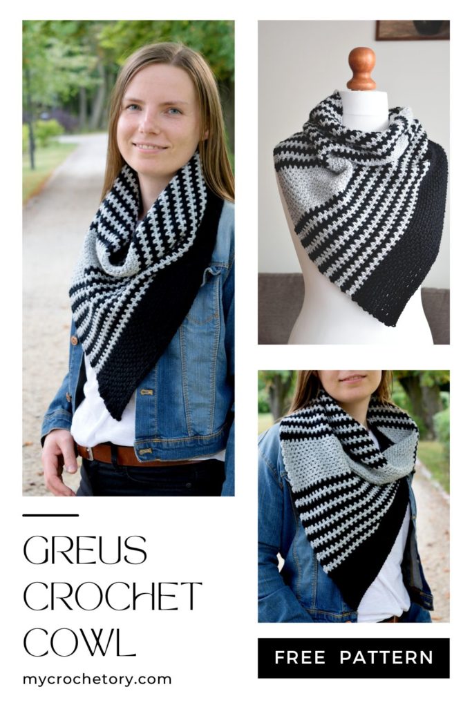 A person wearing the Free Greus Crochet Cowl Pattern in an outdoor setting, demonstrating its functionality and warmth.