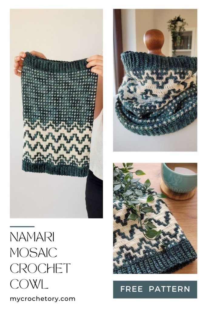Close-up of the Namari Mosaic Crochet Cowl Pattern Free, showcasing its vibrant colors and intricate texture