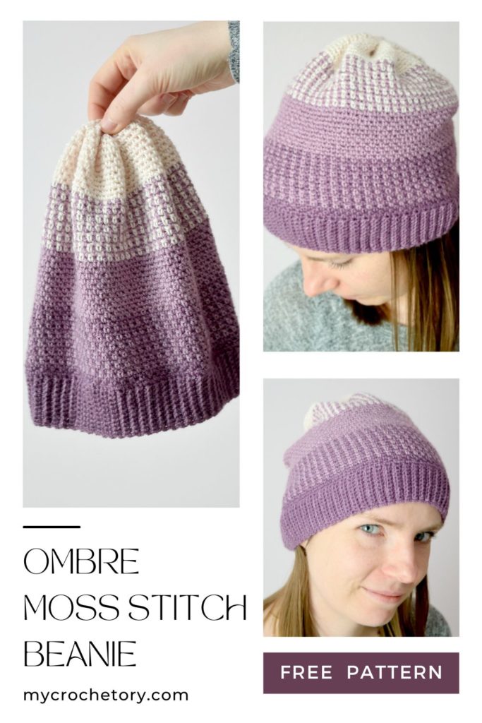 Learn how to crochet a hat. A close-up of the Ombre Moss Stitch Beanie, showcasing its elegant gradient effect and intricate stitch pattern