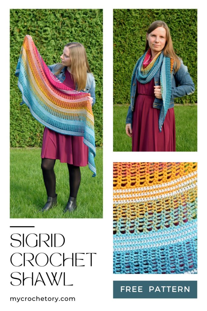 Finished Sigrid lace crescent crochet shawl pattern with gradient yarn.