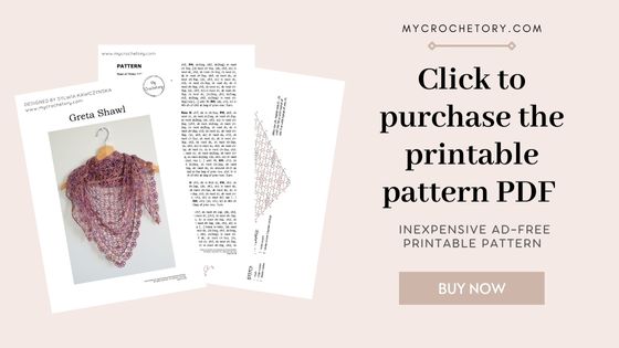 Printable PDF promotion for the Greta lacy crochet shawl pattern with image previews and purchase button on a soft beige background.