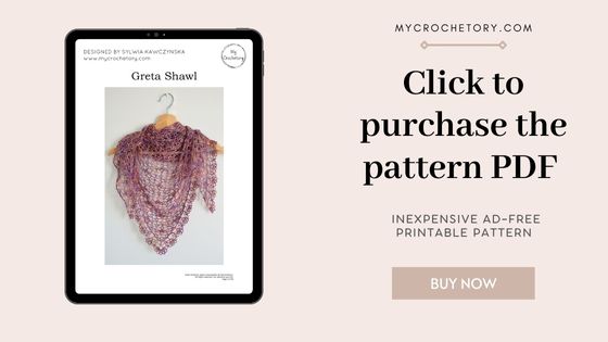 Tablet mockup displaying the Greta lacy crochet shawl pattern PDF for sale, featuring a photo of the shawl and clean layout.