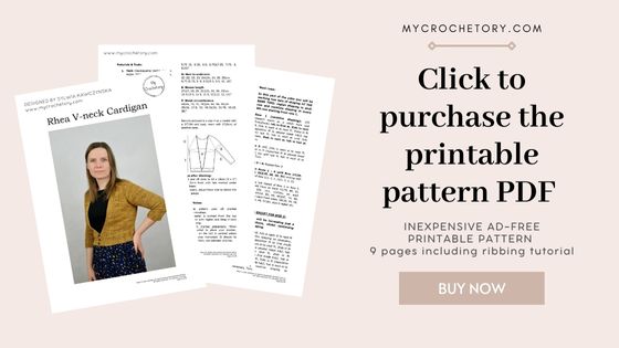 Printable PDF with pages of the Rhea V-neck cropped crochet cardigan pattern, including diagrams and ribbing instructions.
