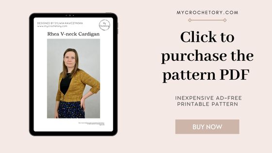 Digital tablet showing the Rhea V-neck cropped crochet cardigan pattern cover with model wearing the cardigan.