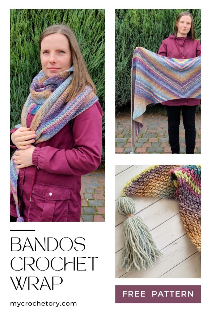 Colorful and oversized Bandos Crochet Shawl pattern free showcasing beautiful striping pattern.