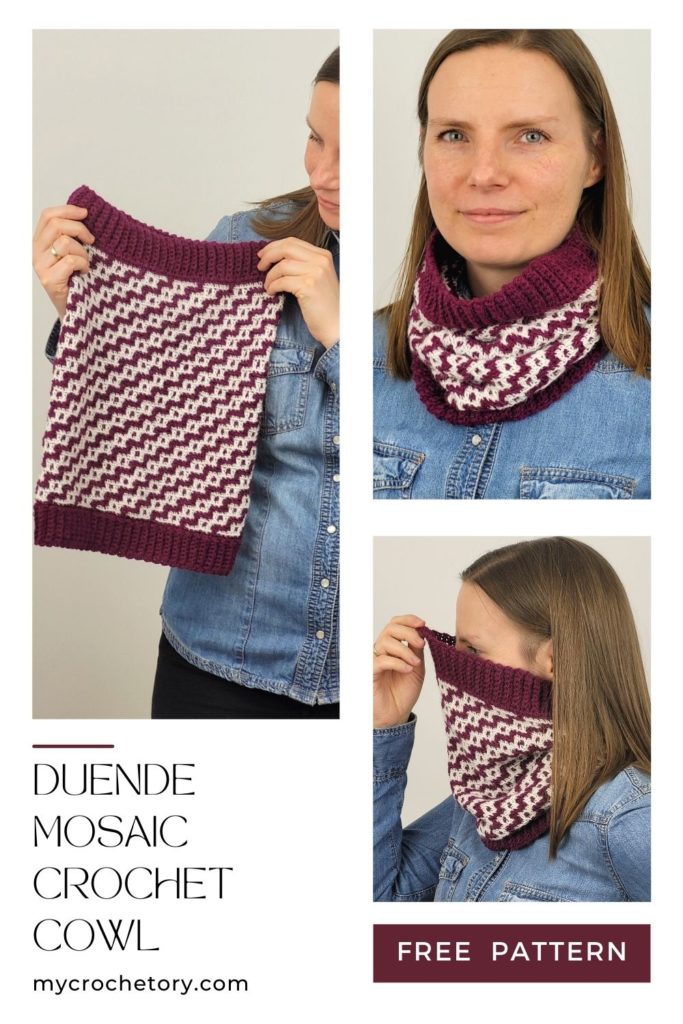 Stunning Duende Free Mosaic Crochet Cowl pattern, a vibrant and cozy crochet accessory with intricate mosaic stitch patterns