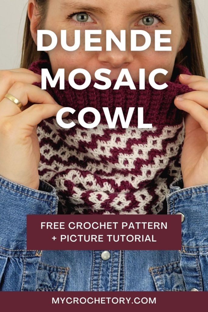 Stunning Duende Free Mosaic Crochet Cowl pattern, a vibrant and cozy crochet accessory with intricate mosaic stitch patterns