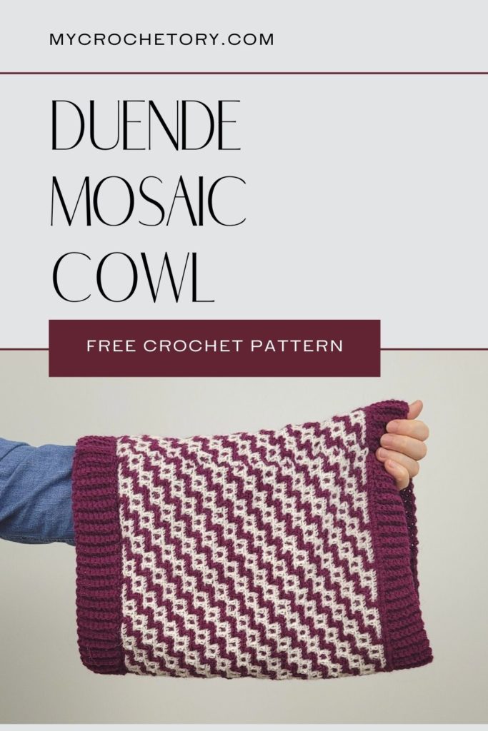 Stunning Duende Free Mosaic Crochet Cowl pattern, a vibrant and cozy crochet accessory with intricate mosaic stitch patterns
