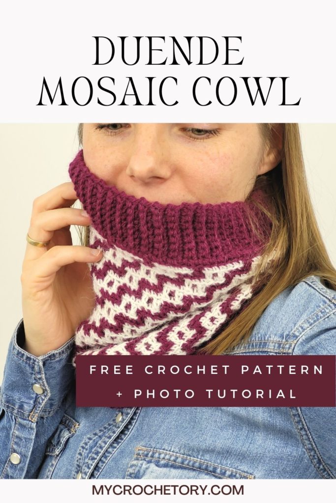 Stunning Duende Free Mosaic Crochet Cowl pattern, a vibrant and cozy crochet accessory with intricate mosaic stitch patterns
