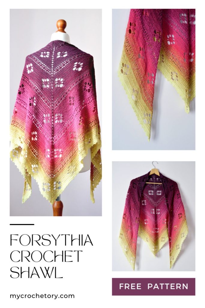 Forsythia Spring Crochet Shawl FREE PATTERN - A beautifully crocheted prayer shawl, a symbol of warmth, love, and heartfelt prayers.