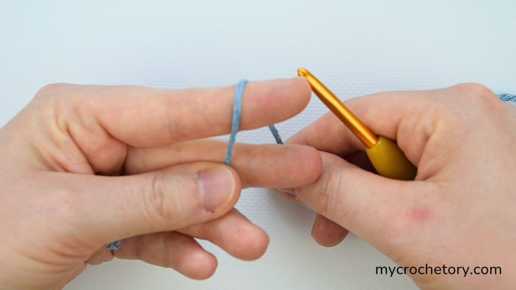 Step-by-step instructions on how do I crochet magic circle, showing how to position yarn around fingers.