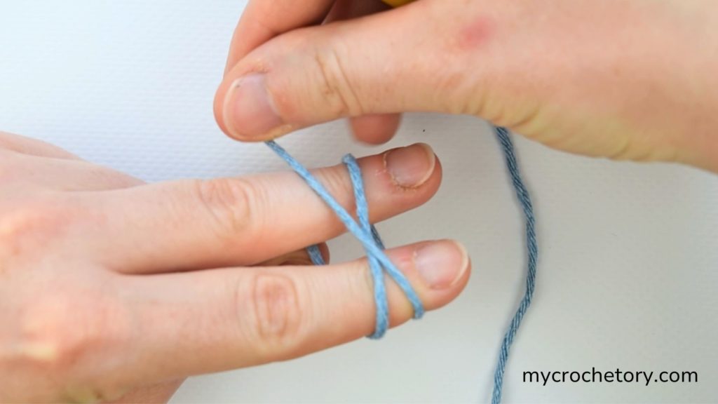 Detailed image showing how do I crochet magic circle by wrapping the yarn around fingers.