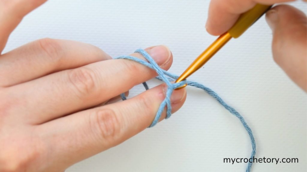 How do I crochet magic circle? Image showing the crochet hook grabbing the yarn to begin the magic ring.
