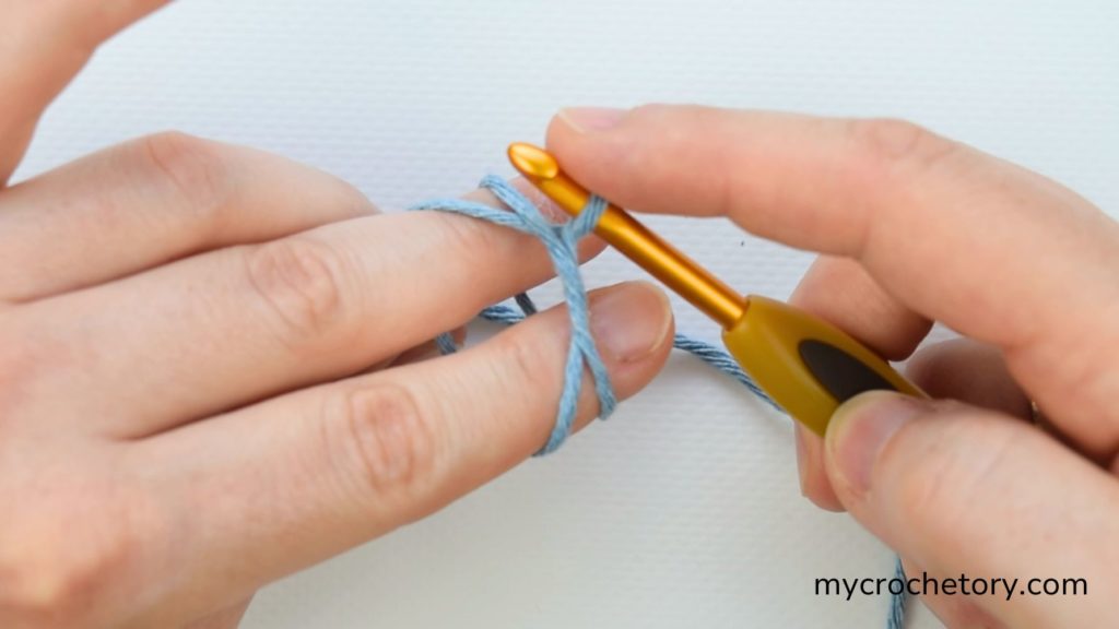 Guide to how do I crochet magic circle with the crochet hook positioned for pulling up the first loop.