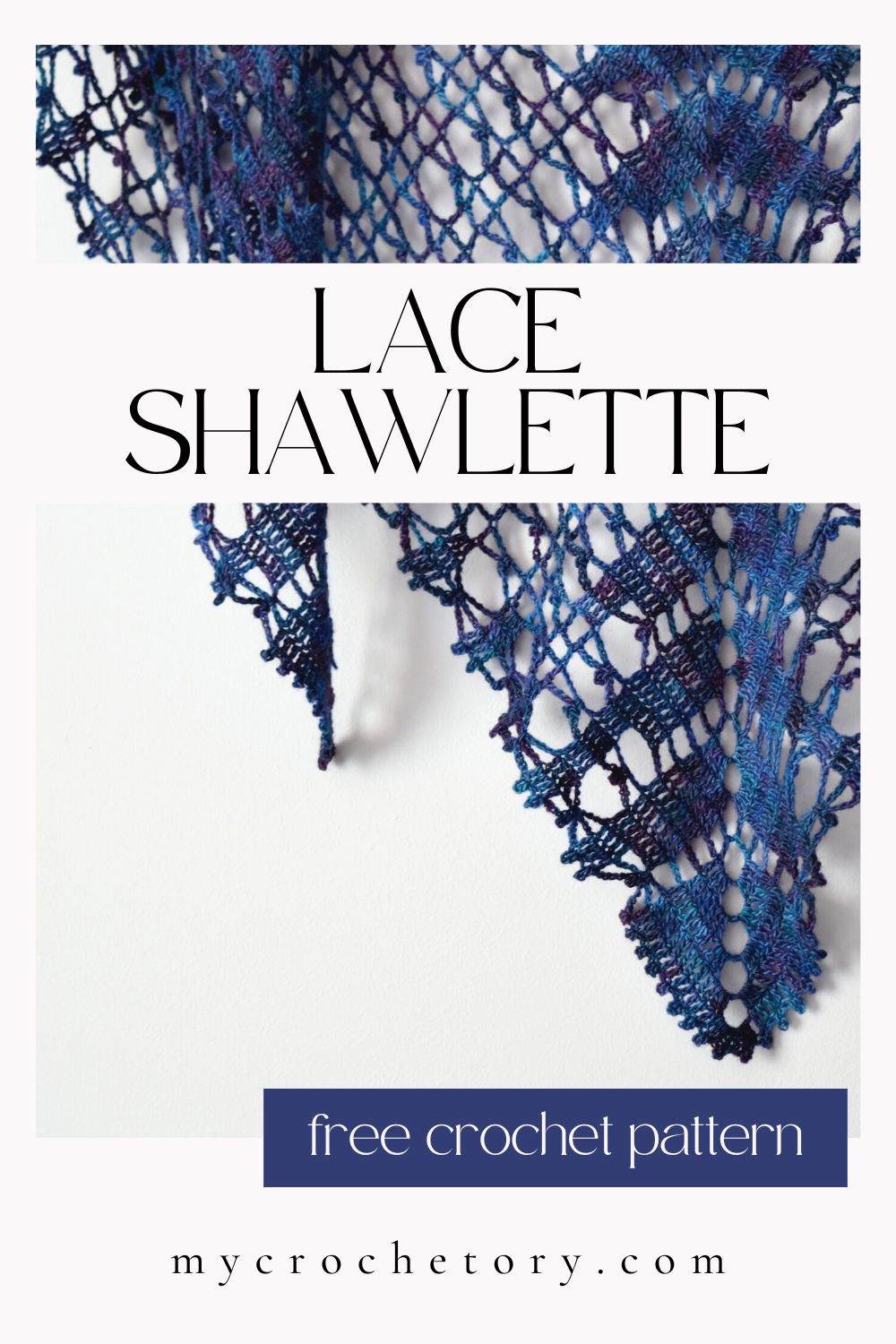 Lace Shawlette crochet pattern pin with the navy shawlette on a mannequin