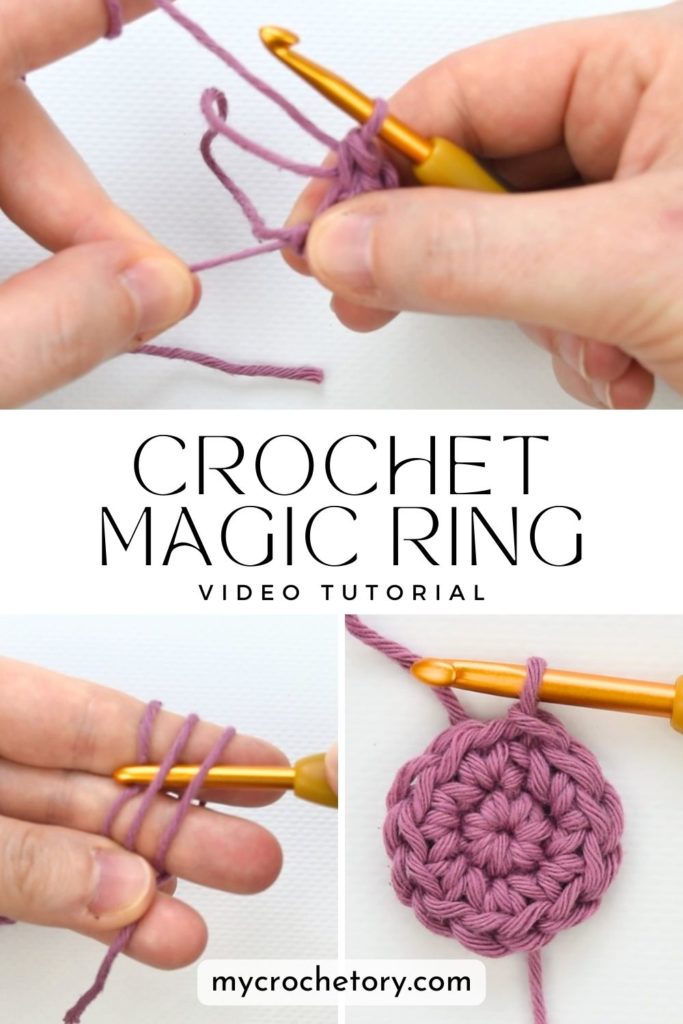 Easy steps showing how do I crochet magic circle with a close-up of the crochet hook and yarn.