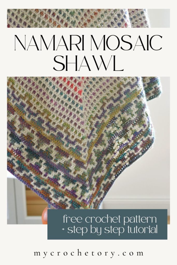 The Namari Shawl, a vibrant triangular free mosaic triangle crochet shawl pattern showcasing mosaic crochet design.