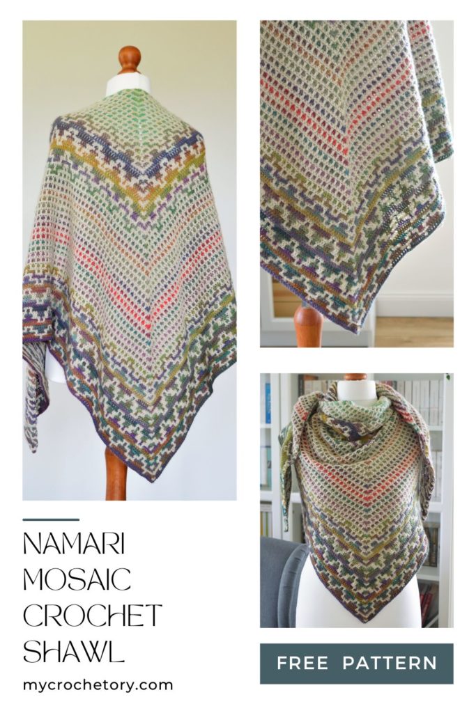 The Namari Shawl, a vibrant triangular free mosaic triangle crochet shawl pattern showcasing mosaic crochet design.