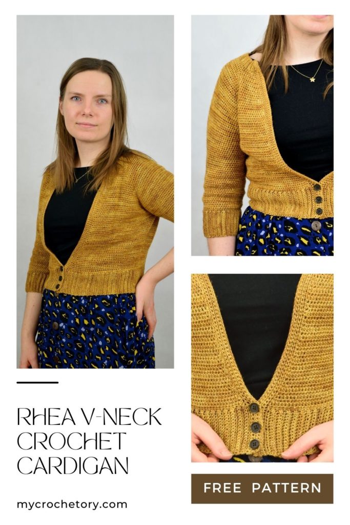 Pinterest graphic for Rhea V-neck cropped crochet cardigan pattern featuring a model wearing the finished cardigan in mustard yarn.