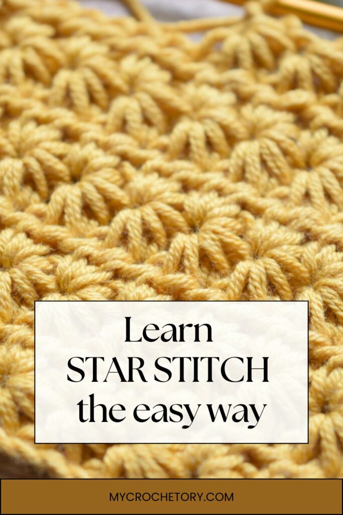 Close up of crochet star stitch texture with text inviting to learn the stitch.