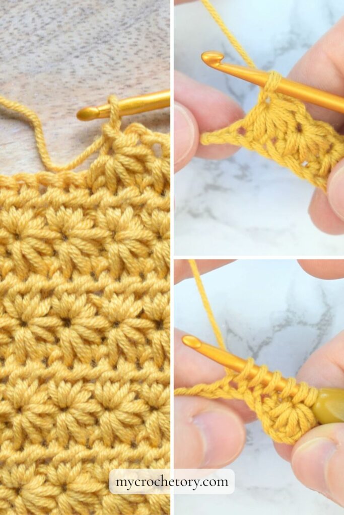 Step by step crochet star stitch guide showing close up process and finished texture