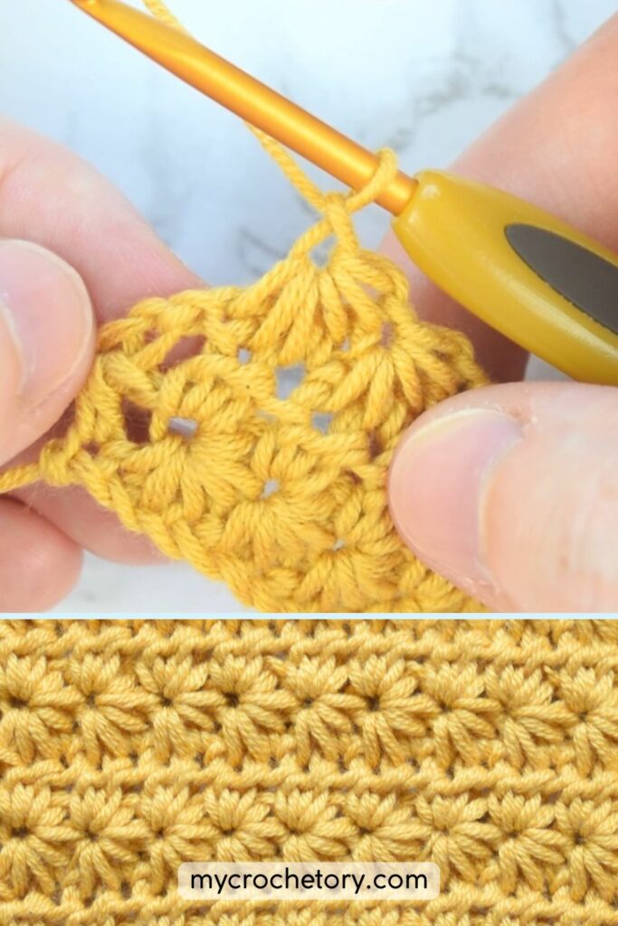 Two step crochet star stitch tutorial with close up photos of the stitch.