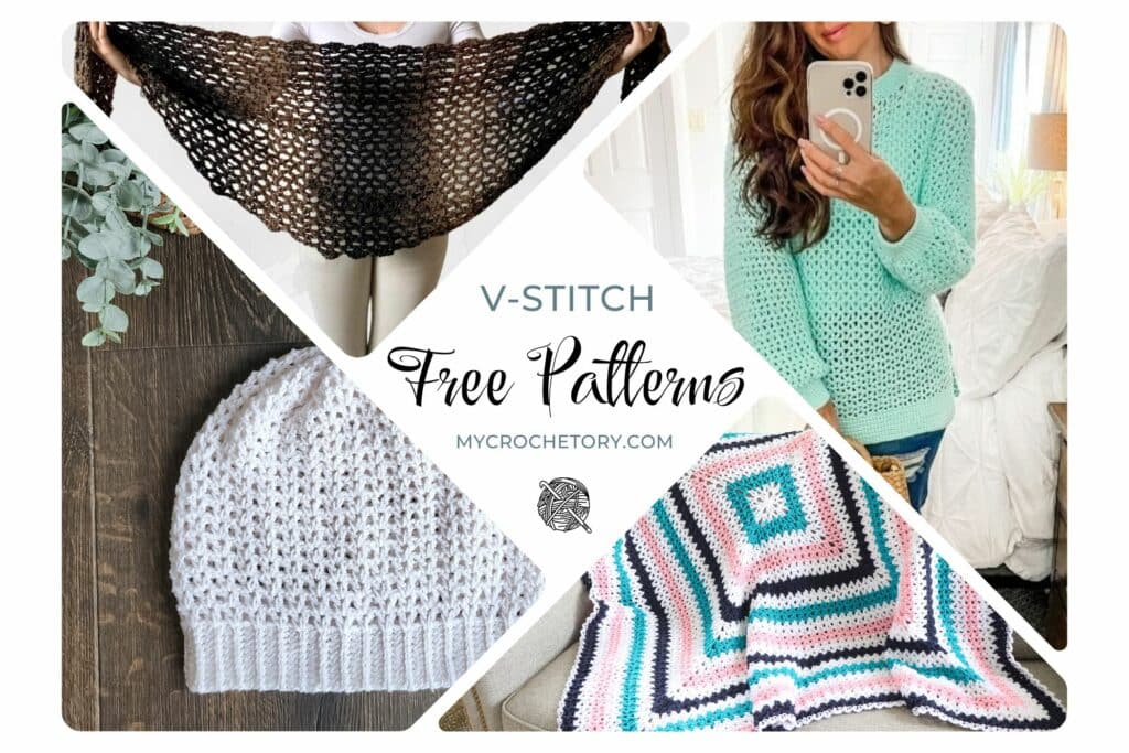 Free crochet V stitch patterns including shawls, sweater, hat, and blanket projects
