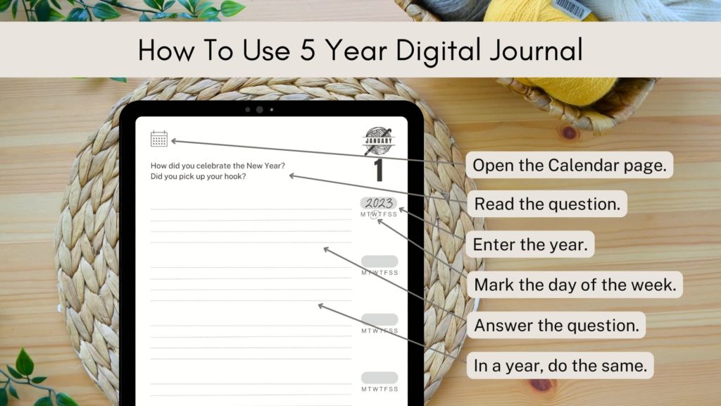 5-year digital journal for crocheters. 5-year digital journal for knitters, One Question a Day journal.