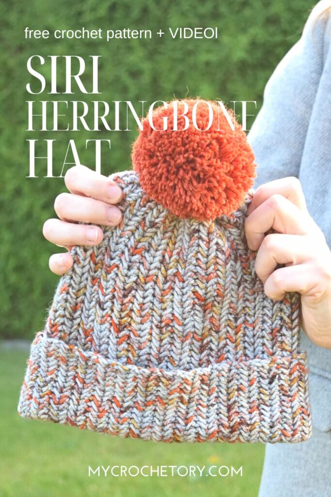 Pinterest graphic for Siri Herringbone crochet winter hat pattern with free video tutorial