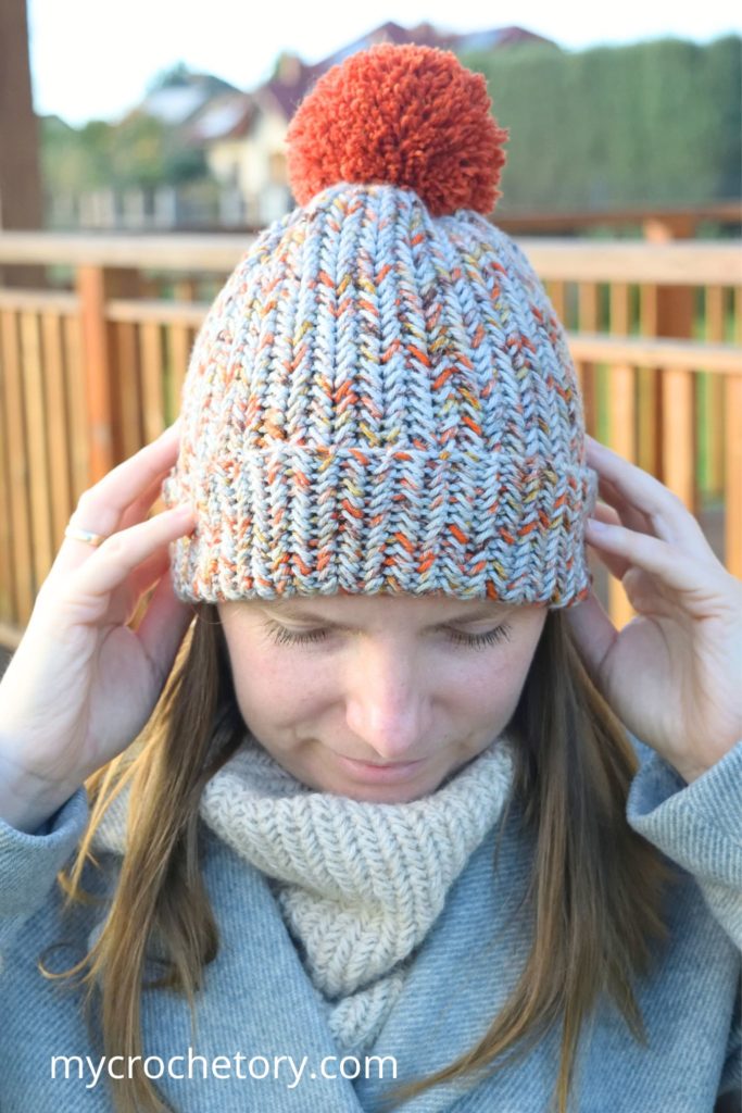 Outdoor close-up of crochet winter hat pattern