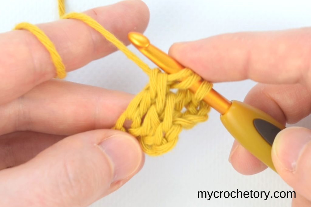 How to double crochet 2 rows at once: first row of the next stitch completed.