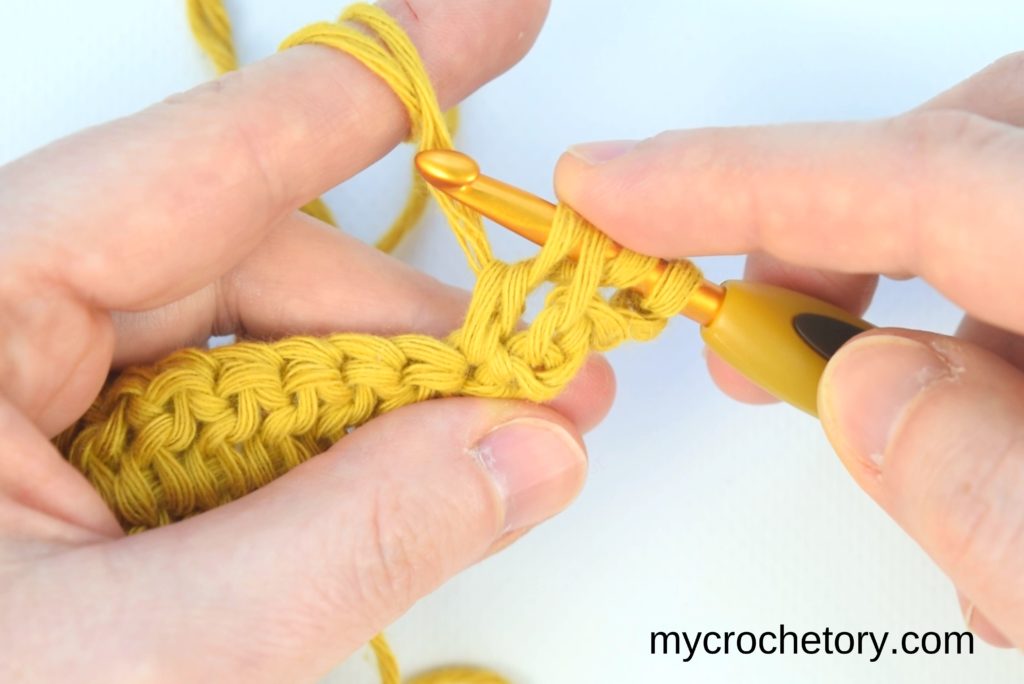 How to double crochet 2 rows at once: first part of the first stitch.