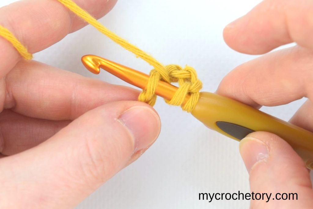 How to double crochet 2 rows at once: hook inserted in the 4th chain