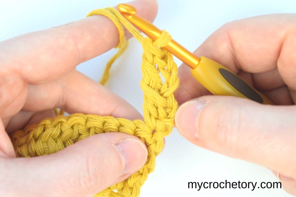 How to double crochet 2 rows at once: first stitch of row 3 and row 4 completed