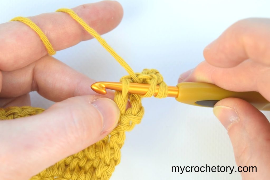 How to double crochet 2 rows at once: hook inserted into the slanted loop of the bottom part.