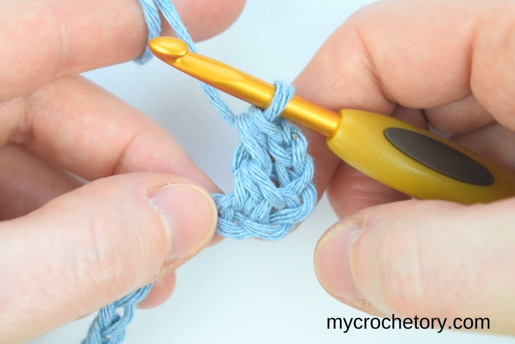 Step-by-step visuals depicting the completion of rows one and two in the process of crocheting two rows simultaneously.