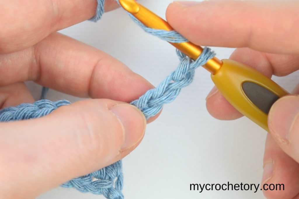 isual representation of the yarn-over technique and hook insertion into the third chain from the hook in the continuation of the crocheting process.