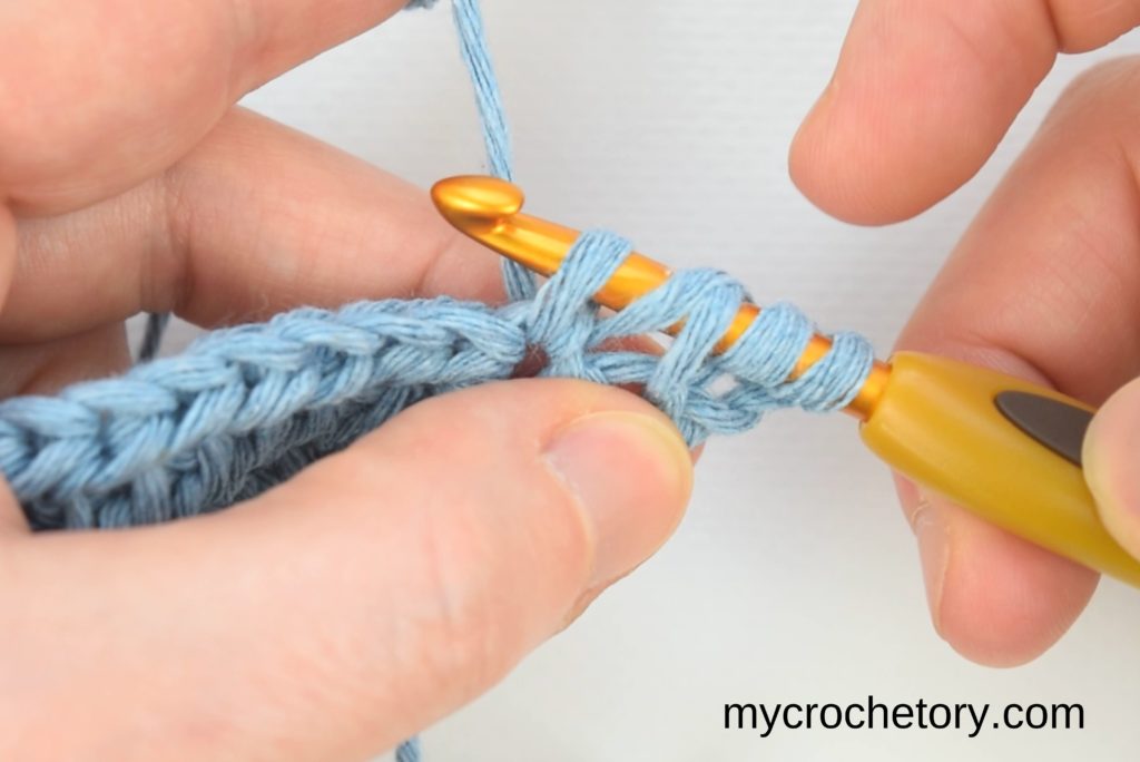 Step-by-step progression through rows three and four, demonstrating the yarn-over, loop pulling, and completing each row.