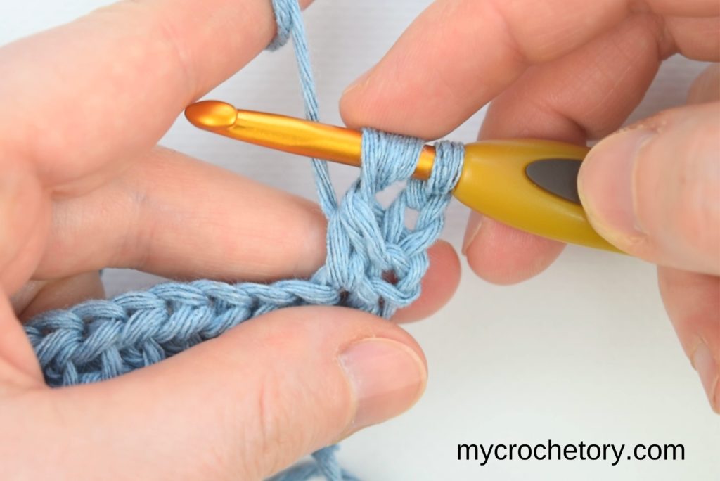 Step-by-step progression through rows three and four, demonstrating the yarn-over, loop pulling, and completing each row.