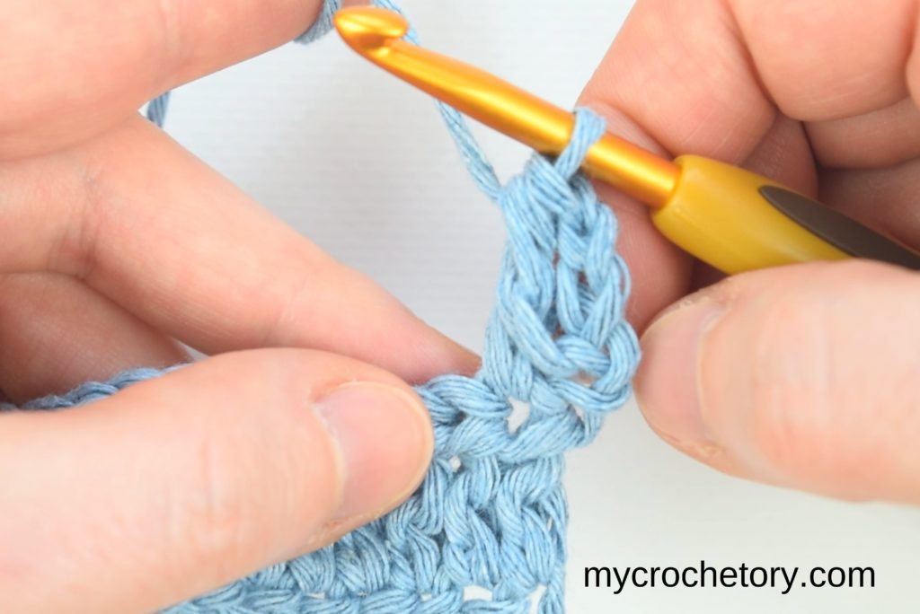 Step-by-step progression through rows three and four, demonstrating the yarn-over, loop pulling, and completing each row.